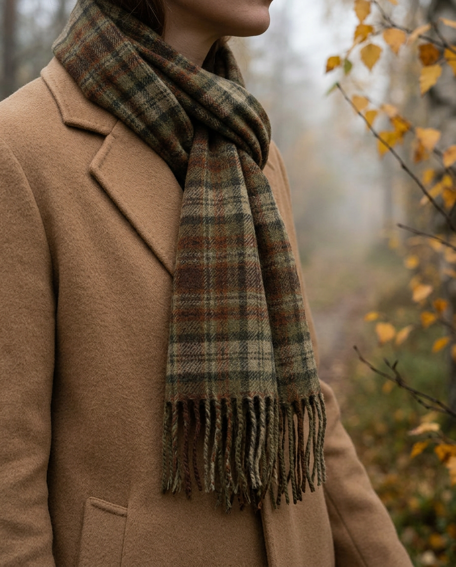 Scarf Country Check Olive worn with a camel wool coat